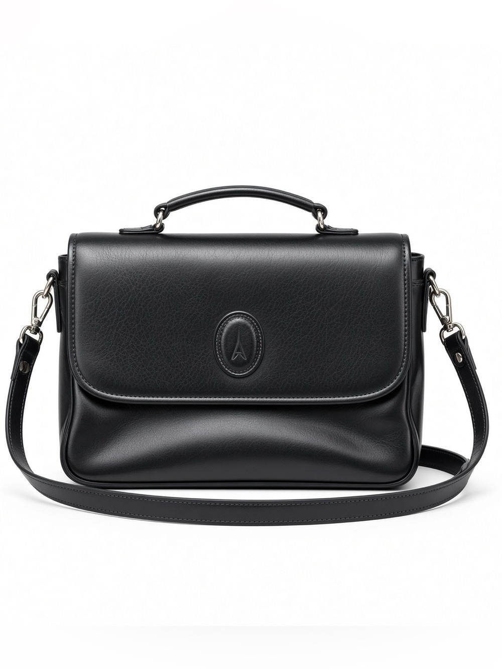 Classic Black Leather Women's Messenger Bag with Top Handle